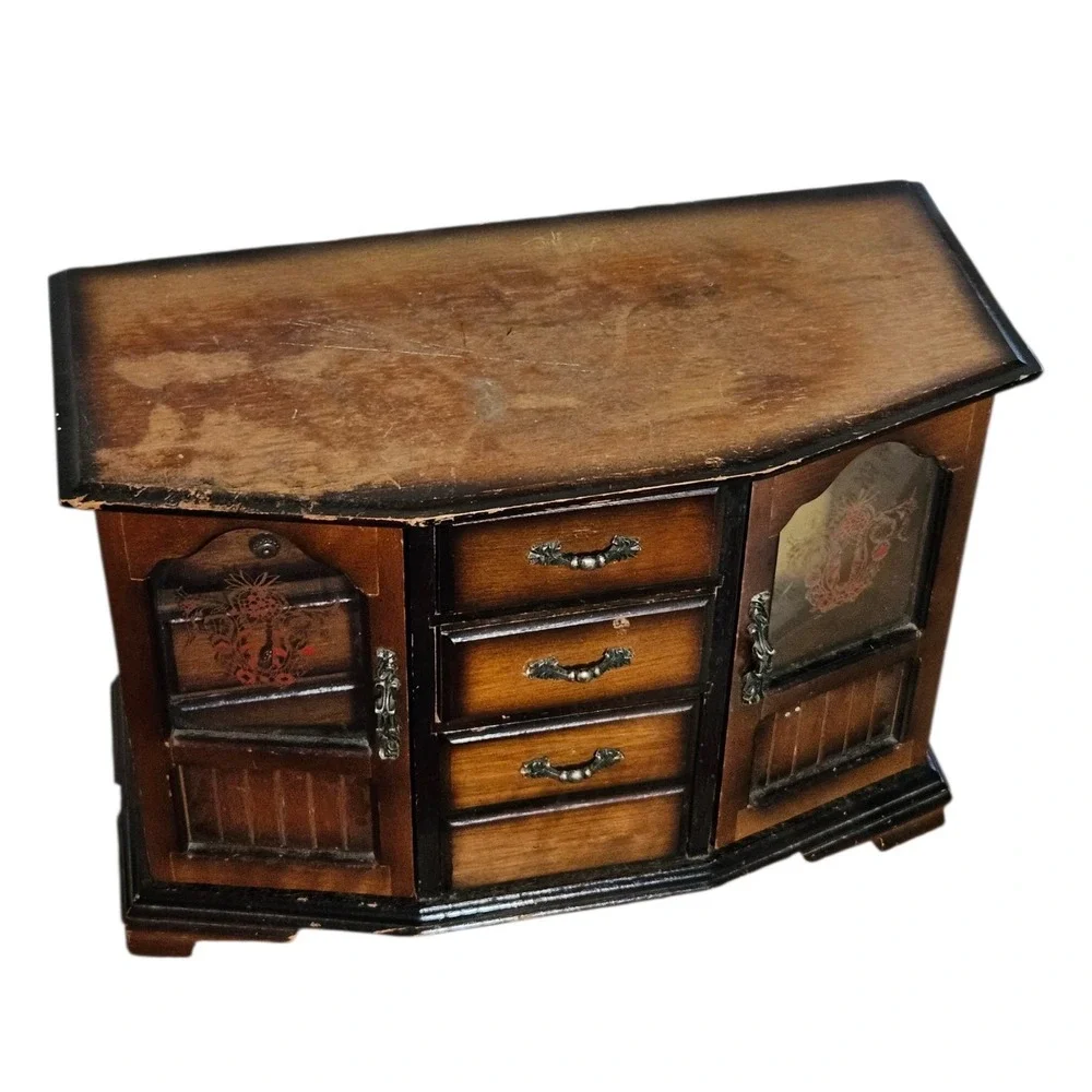 Vintage MCM Wooden Jewelry Armoire Etched Glass Doors & 4 Drawers Dresser 10.5